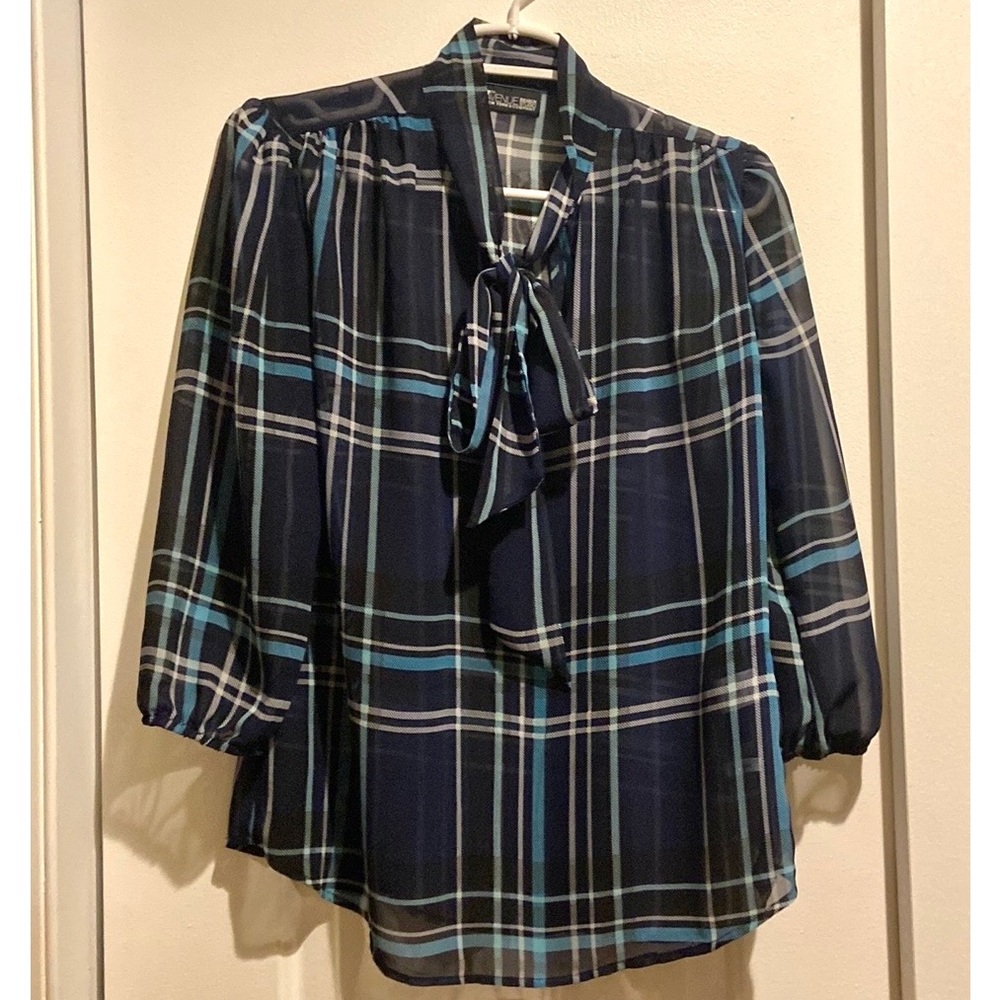 Semi sheer plaid blouse 3/4 sleeve